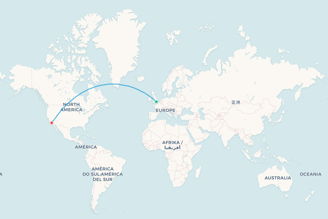 London to Los Angeles transpolar flight route map
