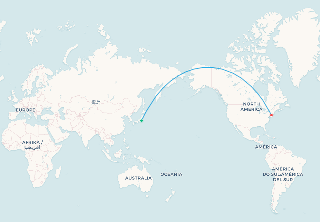 Tokyo to New York transpolar flight route map