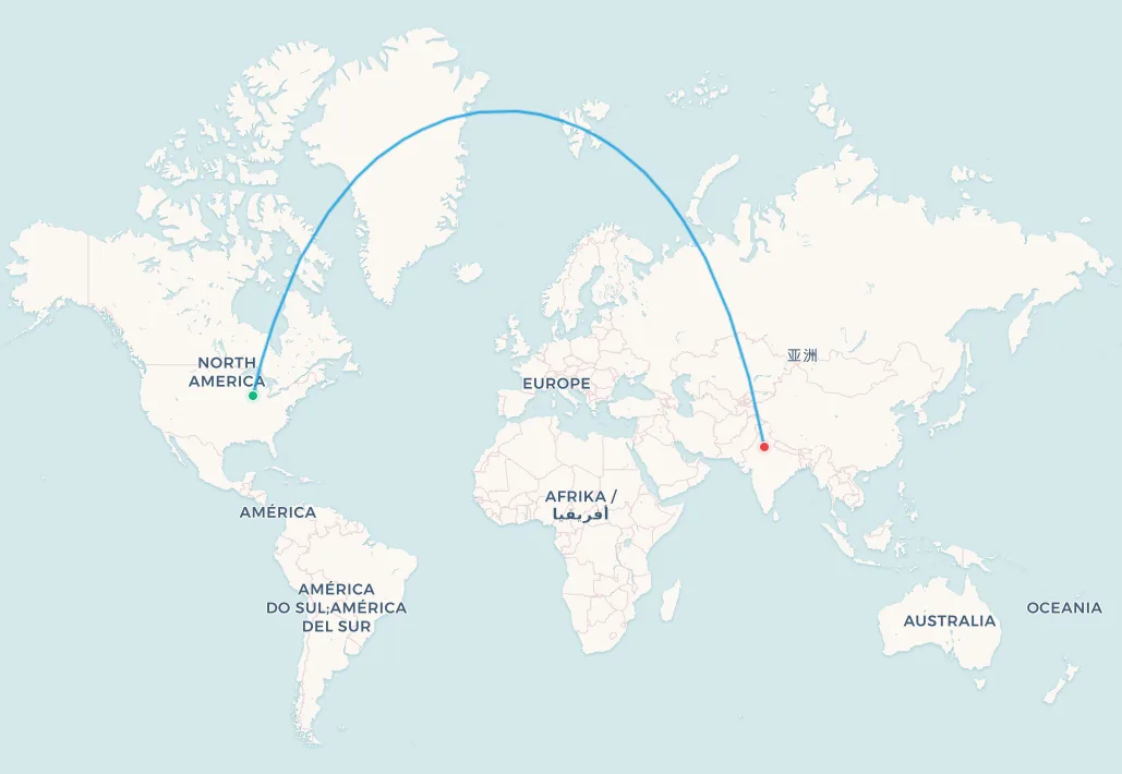 Chicago to Delhi transpolar flight route map