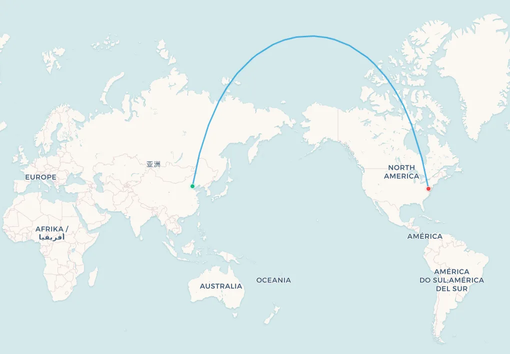 Beijing to Washington transpolar flight route map