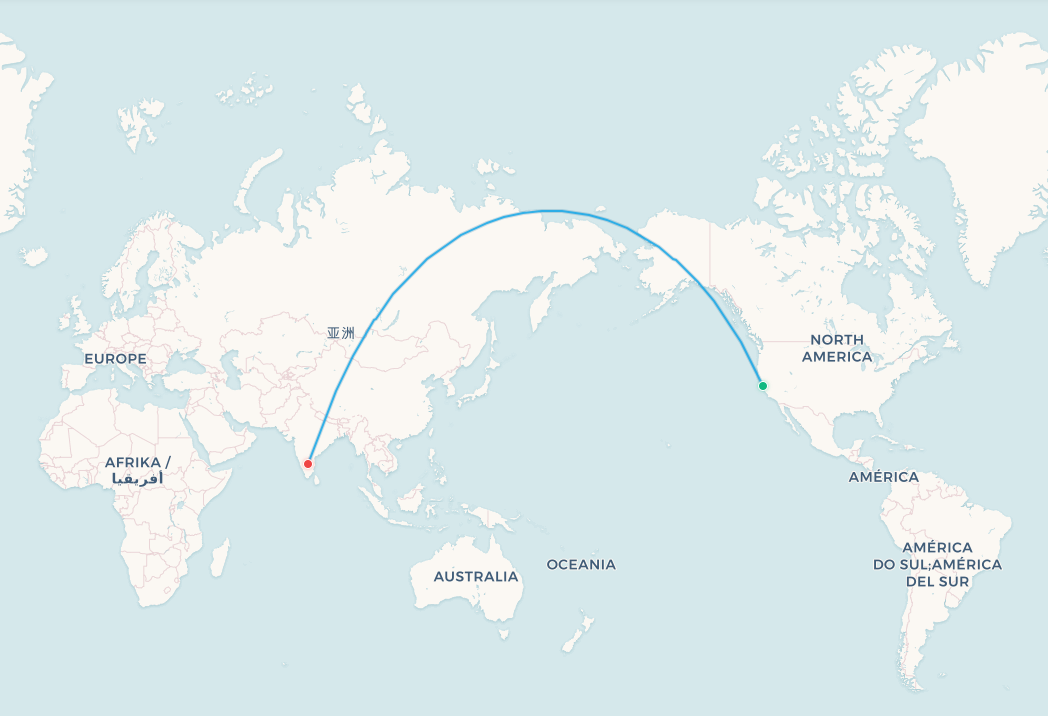 San Francisco to Bangalore transpolar flight route map