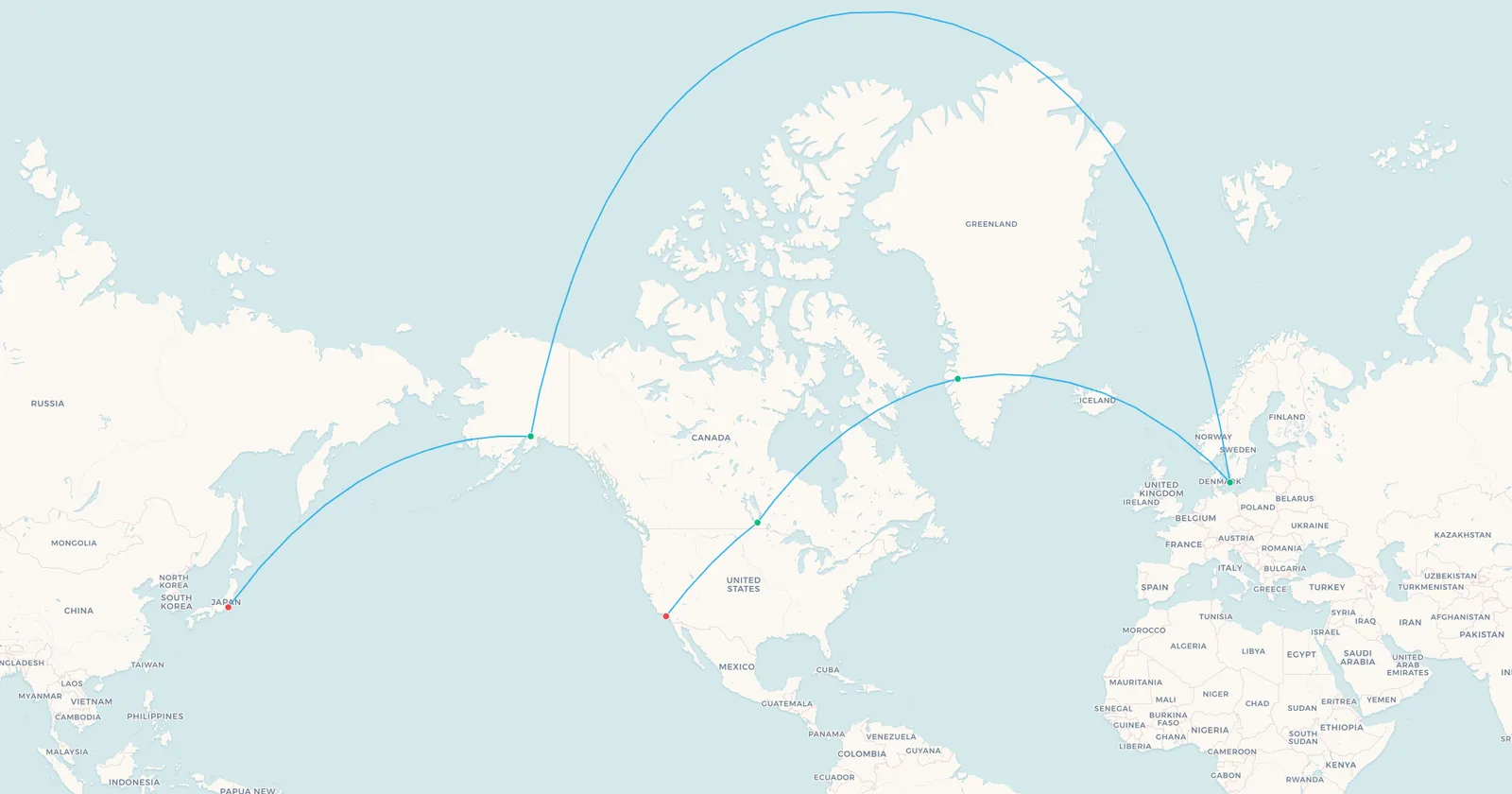 Mapa de las primeras rutas polares de SAS: Copenhague a Los Ángeles por Groenlandia y Winnipeg en 1954, y Copenhague a Tokio por Anchorage en 1957