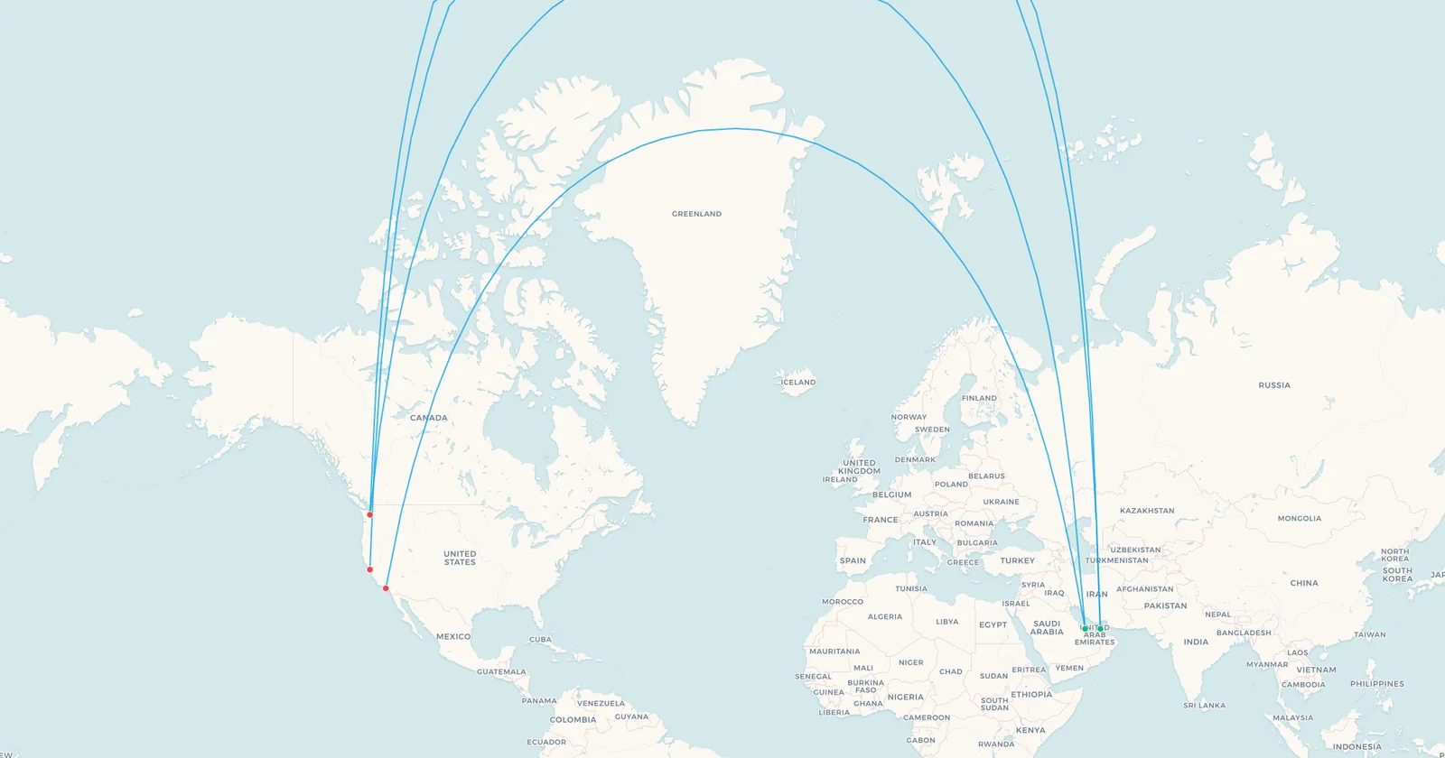 Mapa de las rutas transpolares de Dubái y Doha a Seattle, San Francisco y Los Ángeles, que salen por el borde superior del mapa sobre el Polo Norte