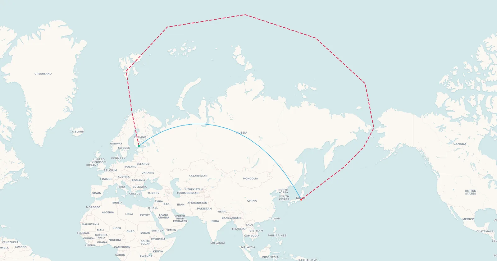 Mapa de Helsinki a Tokio: la línea recta sobre Rusia y el desvío polar discontinuo sobre Svalbard, el océano Ártico y el mar de Bering