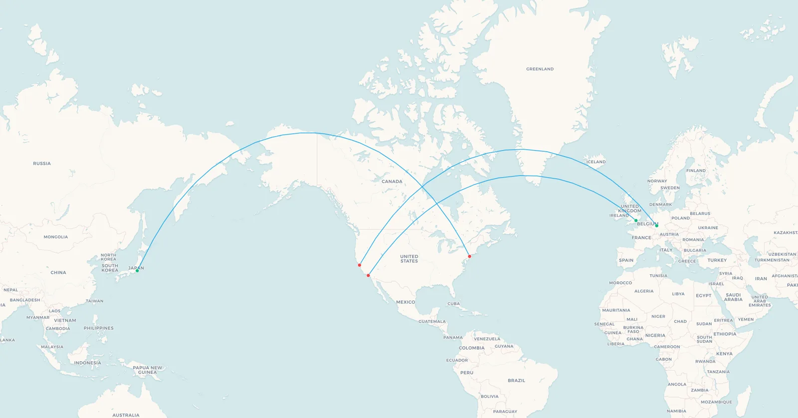 Mapa de rutas de latitud alta que a menudo se llaman polares: Londres a Los Ángeles, Fráncfort a San Francisco y Tokio a Nueva York