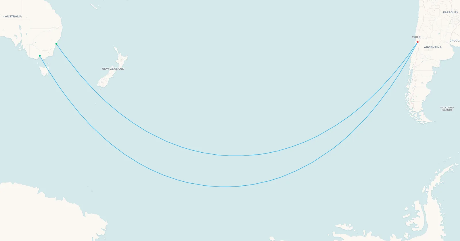 Mapa de las rutas transpolares australes de Melbourne y Sídney a Santiago, curvándose hacia la Antártida