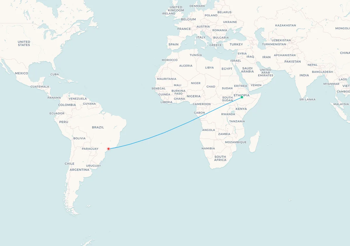 Map of the Addis Ababa to Sao Paulo flight route across the South Atlantic