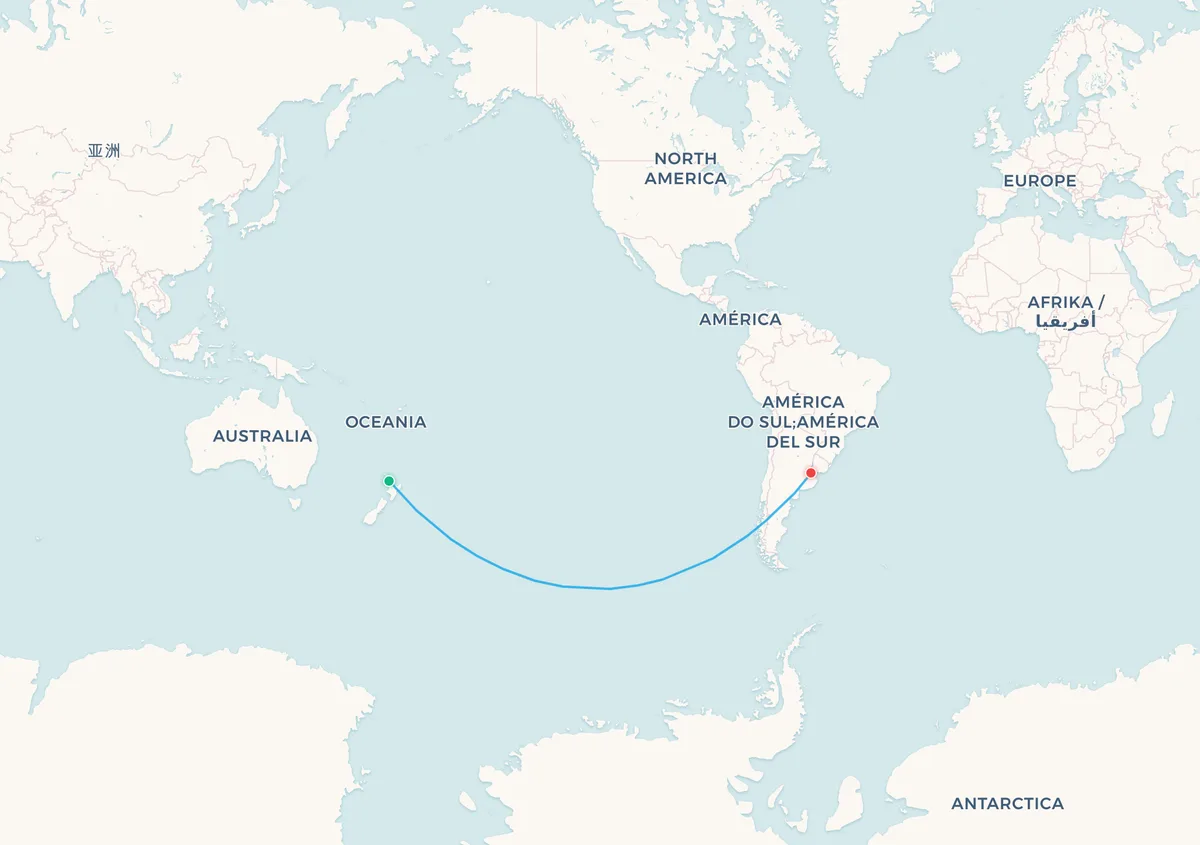 Map of the Auckland to Buenos Aires flight route across the Southern Ocean