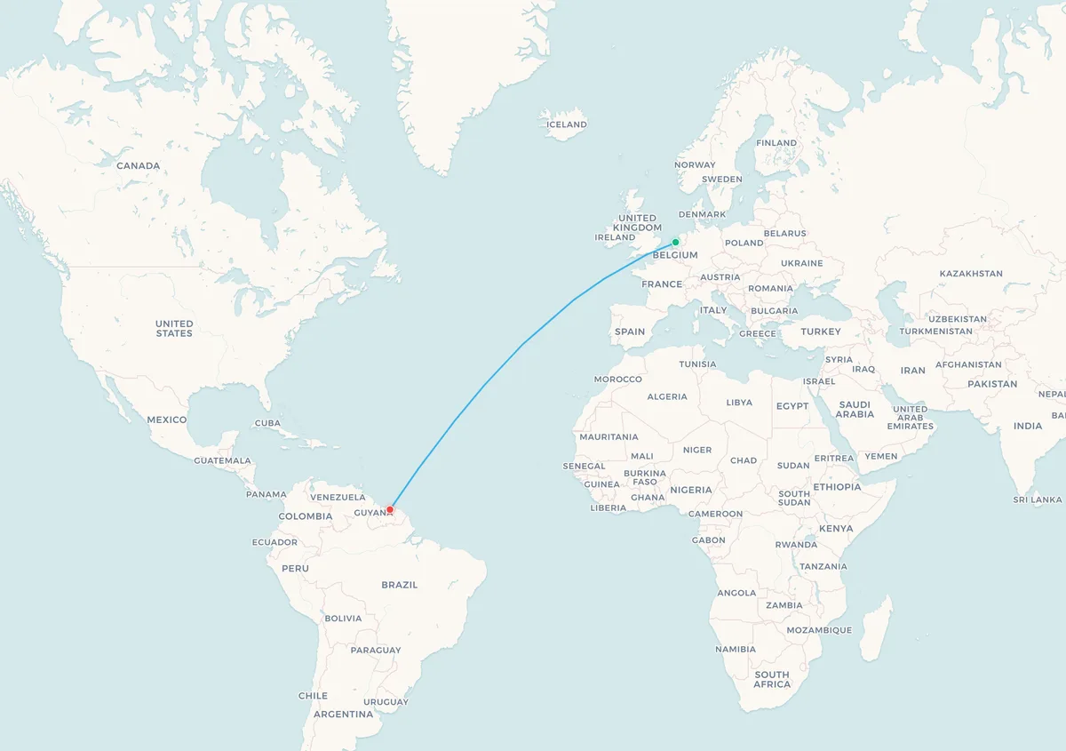 Map of the Amsterdam to Paramaribo flight route