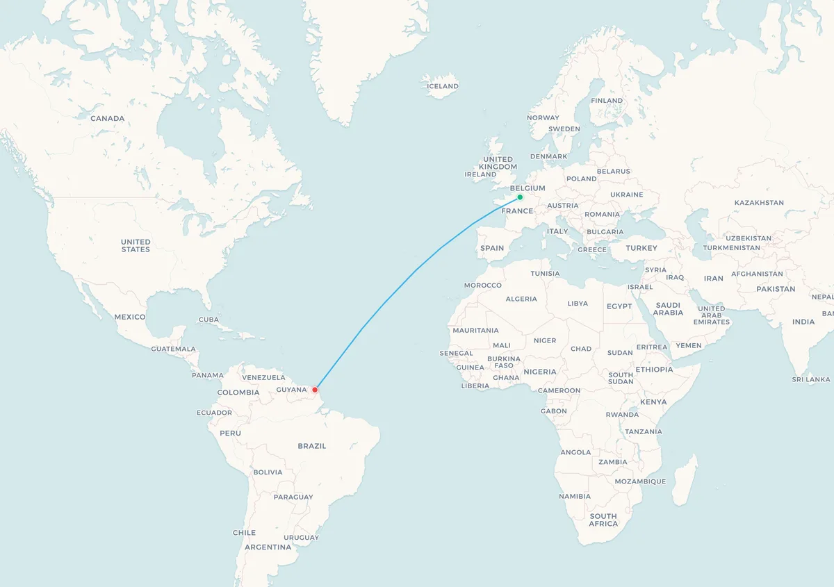 Map of the Paris to Cayenne flight route across the Atlantic