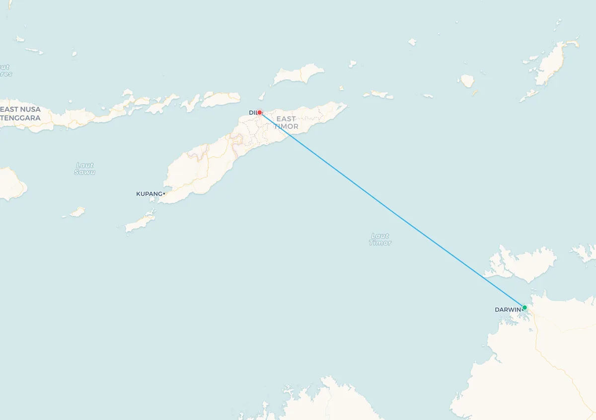 Map of the Darwin to Dili flight route between Australia and Timor-Leste
