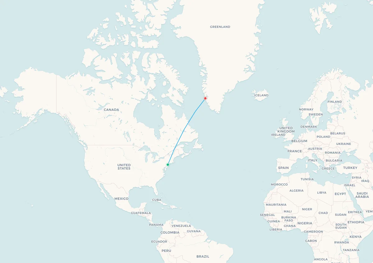 Map of the Newark to Nuuk flight route between the United States and Greenland