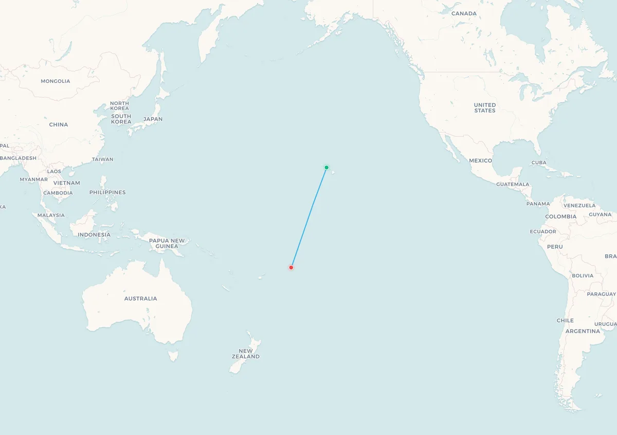 Map of the Honolulu to Pago Pago flight route across the equator