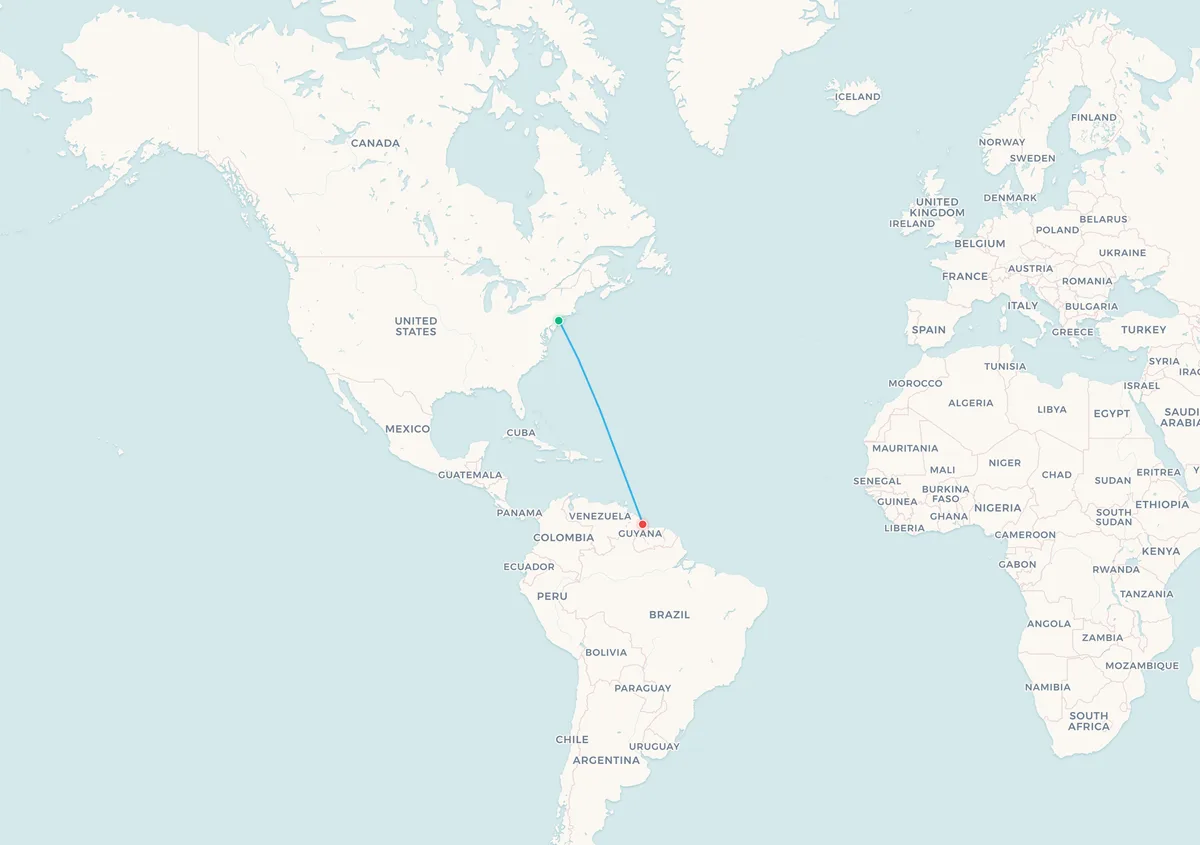 Map of the New York to Georgetown Guyana flight route