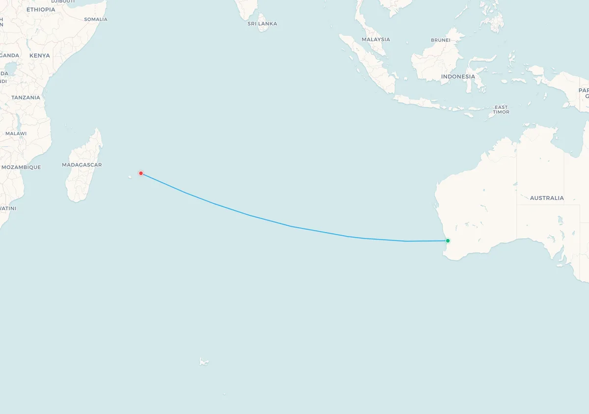 Map of the Perth to Mauritius flight route across the Indian Ocean