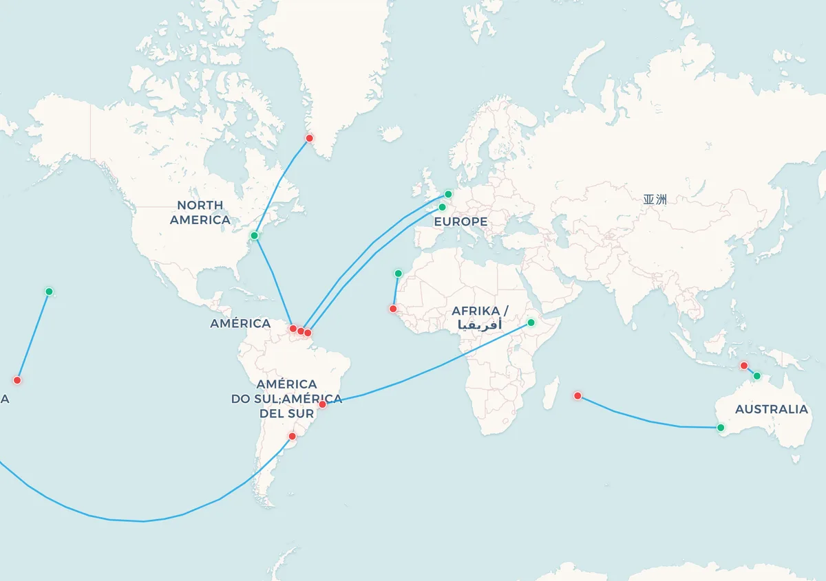 World map showing all ten unlikely direct flight routes