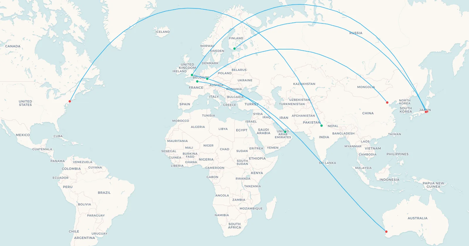Map of routes reshaped by closed airspace, including Helsinki to Tokyo, London to Tokyo, Frankfurt to Beijing, Paris to Perth, Delhi to New York and Dubai to London