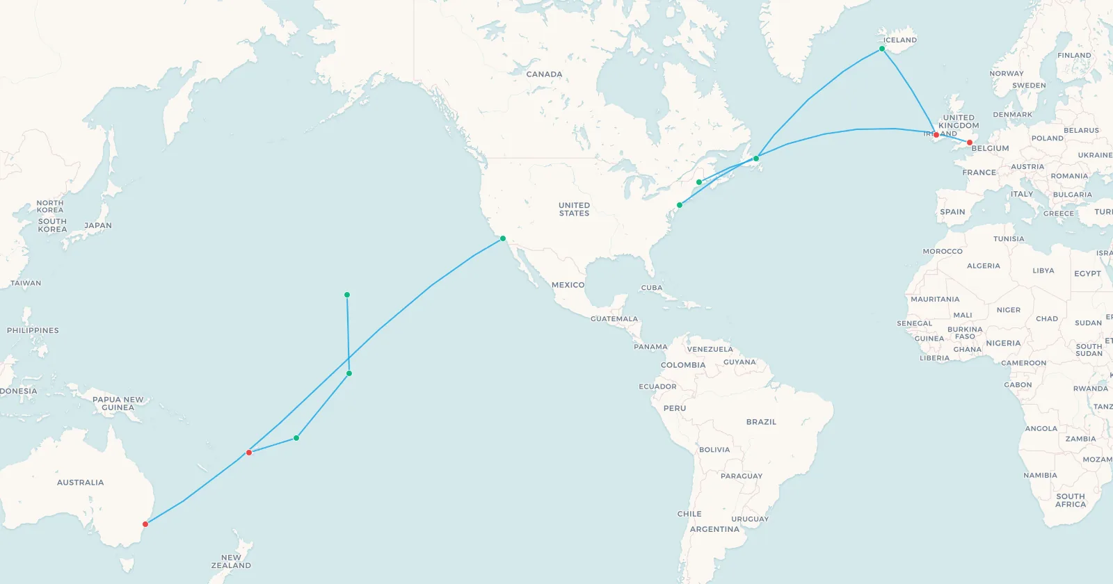 Map of the North Atlantic and South Pacific crossings with their ETOPS diversion airport chains through Bangor, Gander, Keflavik, Shannon, Honolulu, Christmas Island, Pago Pago and Nadi