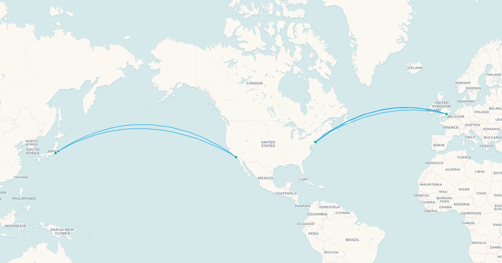 Map comparing eastbound and westbound routings on the New York to London and Tokyo to Los Angeles corridors, including the record BA112 crossing