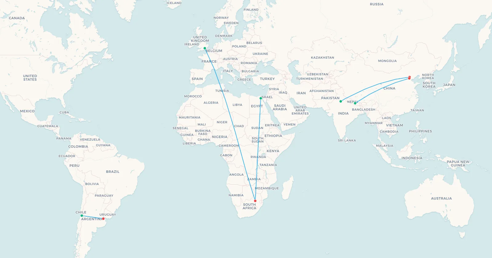 Map showing routes shaped by terrain and airway structure, including Delhi to Beijing skirting the Tibetan Plateau, Kathmandu to Beijing Daxing across the Himalaya, the Andes crossing and the African north to south spine