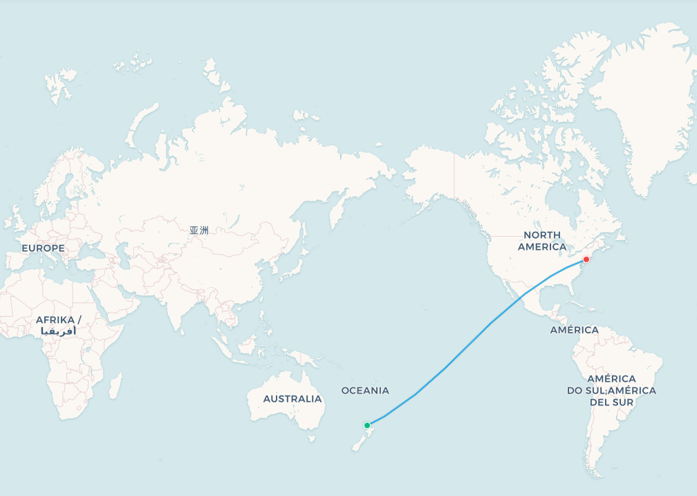 Auckland to New York flight route map