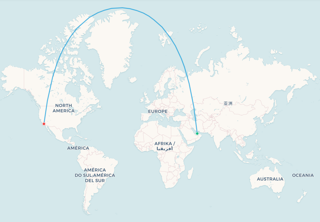 Abu Dhabi to Los Angeles flight route map