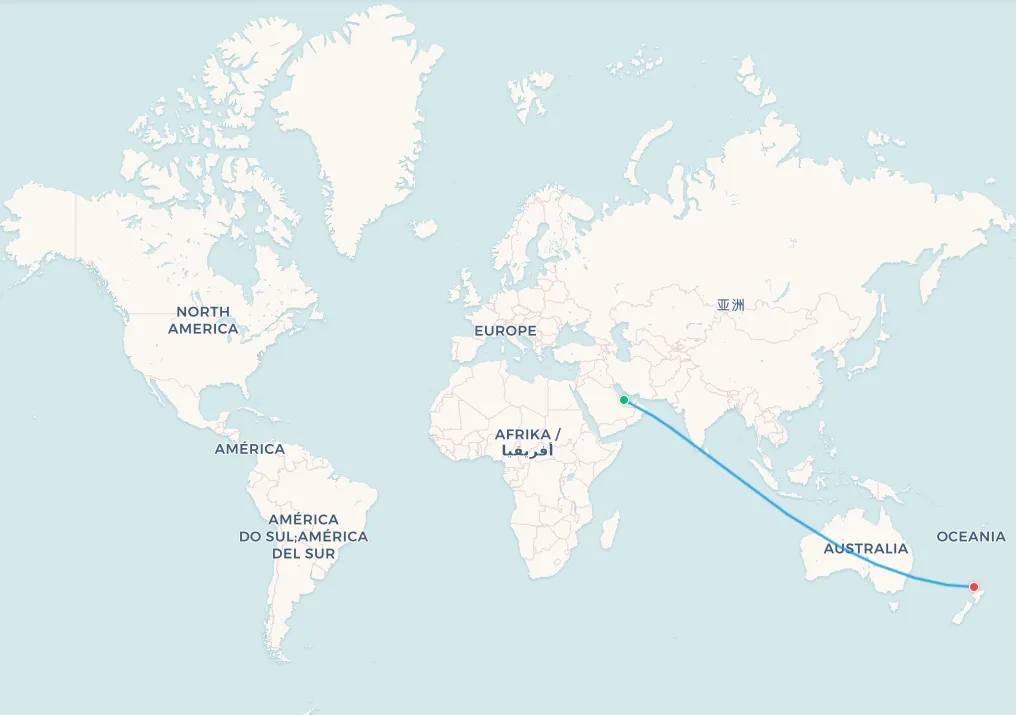 Doha to Auckland flight route map
