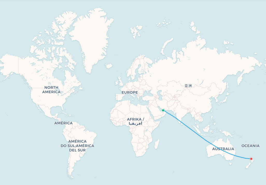 Dubai to Auckland flight route map