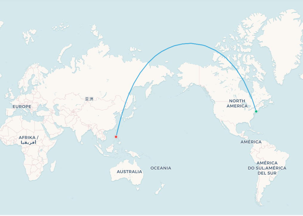 New York to Manila flight route map