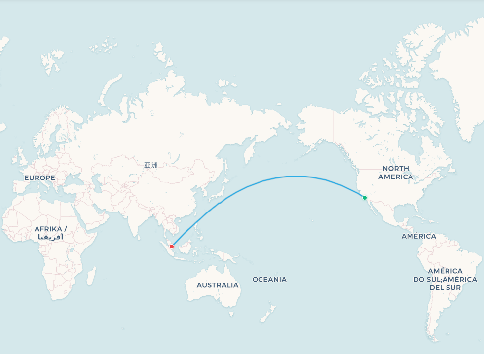 Los Angeles to Singapore flight route map