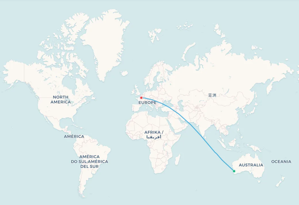 Perth to Paris flight route map