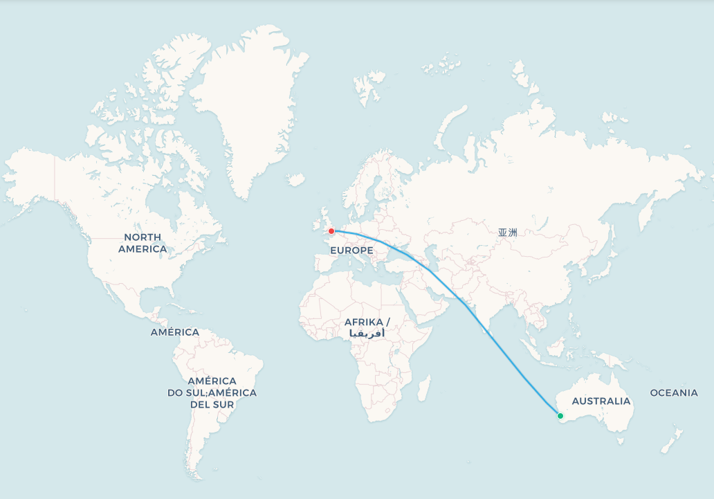 Perth to London flight route map