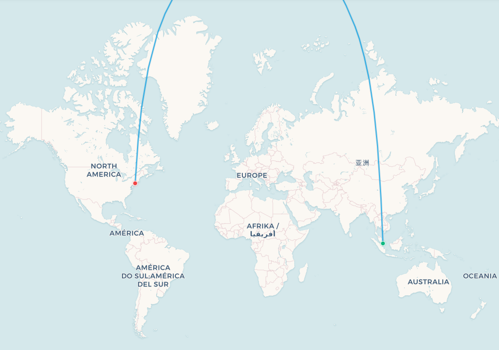 Singapore to New York flight route map