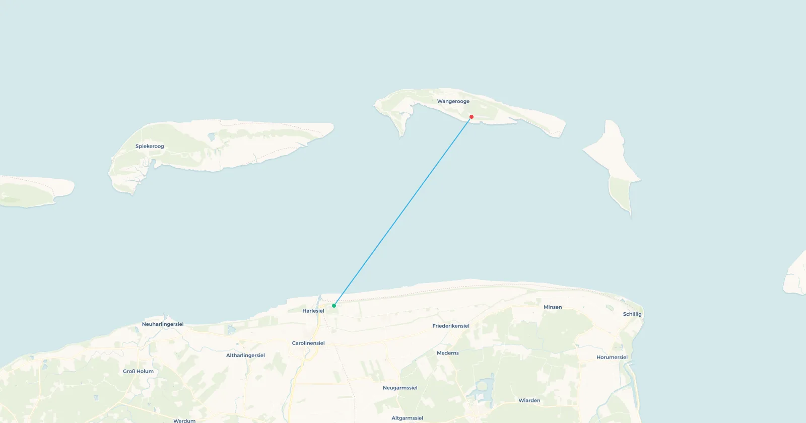 Map of the Harle to Wangerooge flight across the Wadden Sea in Germany, the country's shortest scheduled flight