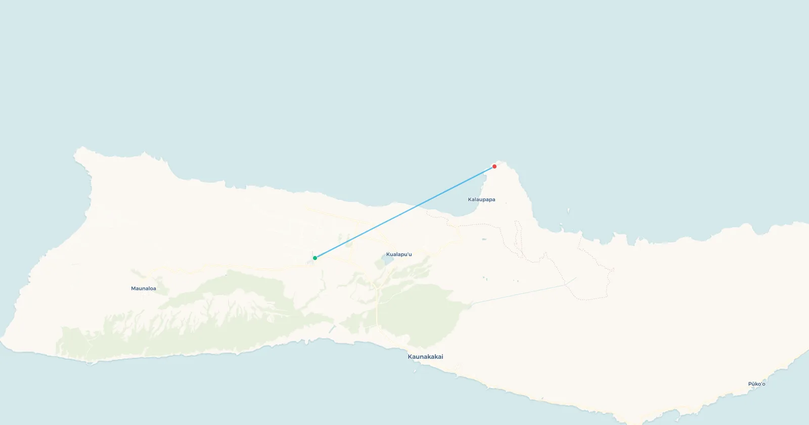 Map of the flight from Molokai airport to Kalaupapa on Molokai's north shore, Hawaii
