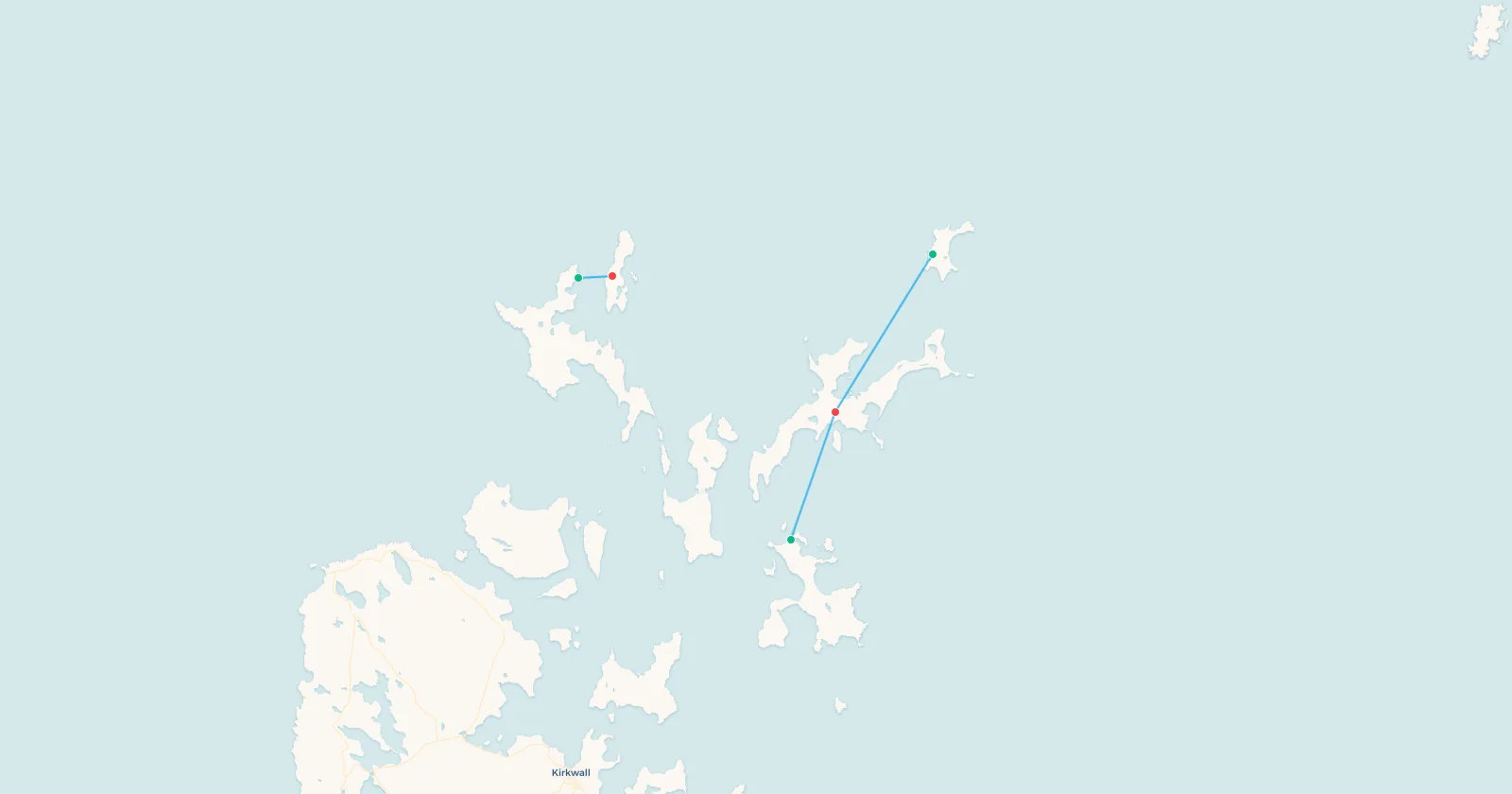 Map of Loganair's three shortest Orkney flights: Westray to Papa Westray, Stronsay to Sanday and North Ronaldsay to Sanday