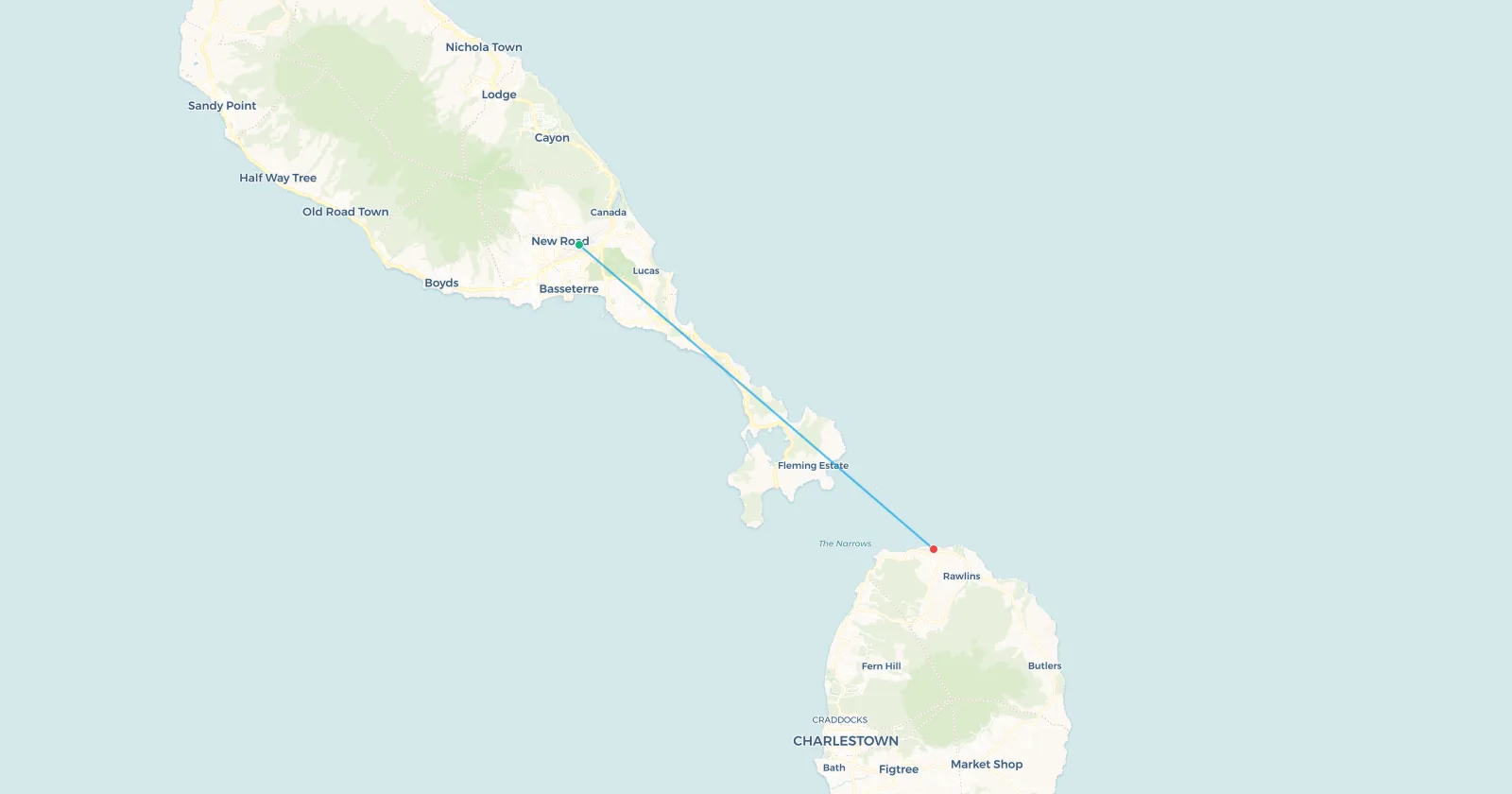 Map of the flight from St Kitts to Nevis in the Caribbean