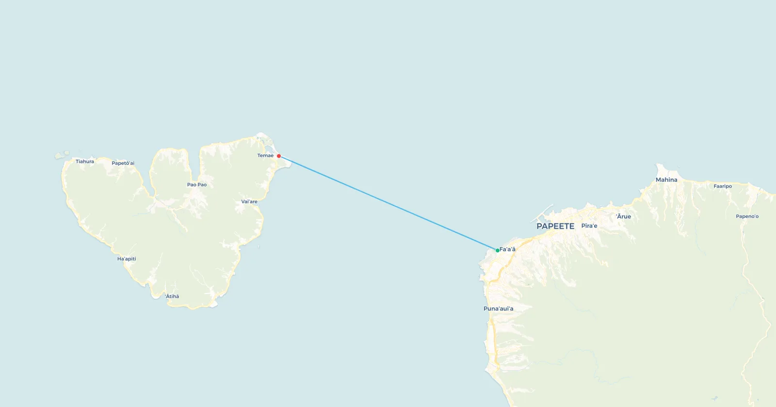Map of the flight from Tahiti's Faa'a airport to Moorea, French Polynesia