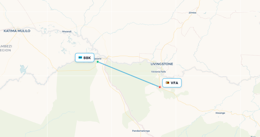 Mapa de ruta de vuelo de Kasane a las Cataratas Victoria