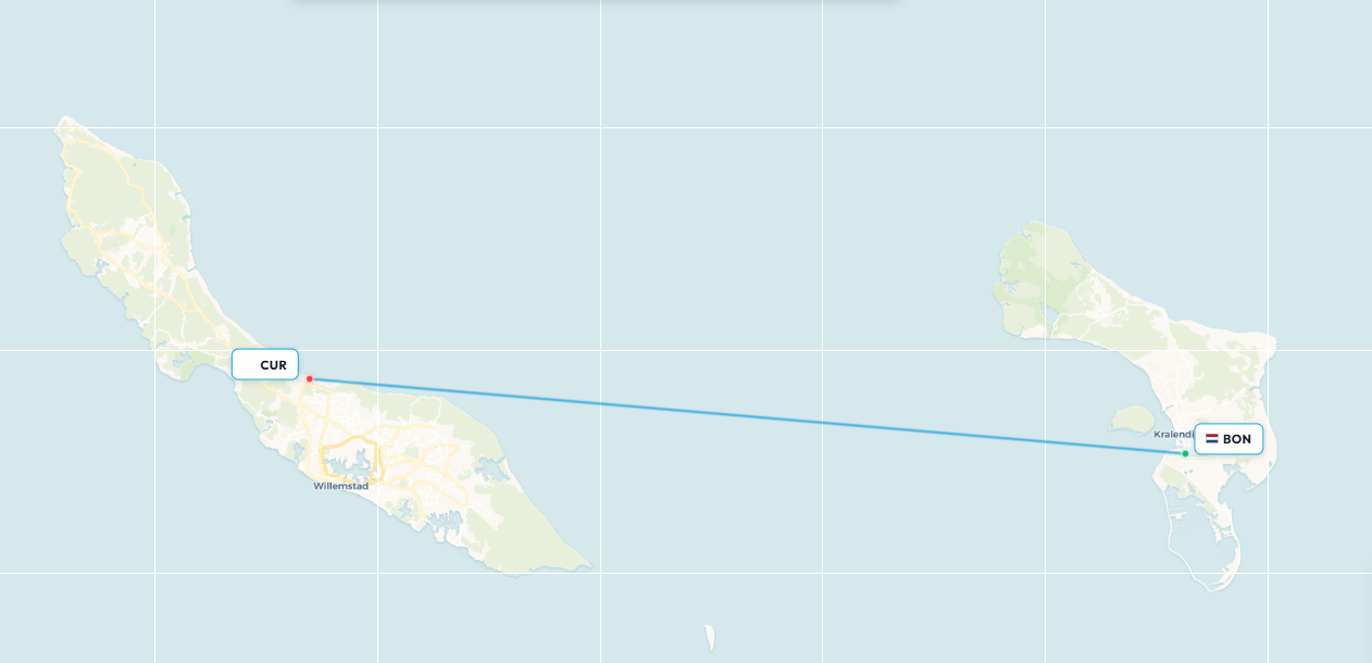 Mapa de ruta de vuelo de Bonaire a Curaçao