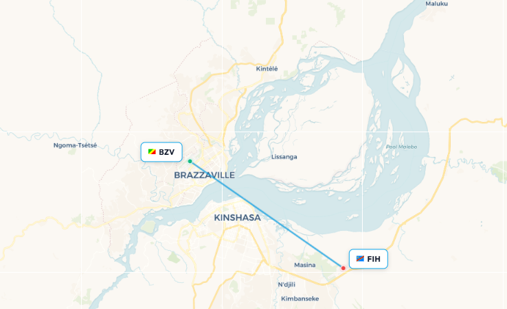Mapa de ruta de vuelo de Brazzaville a Kinshasa