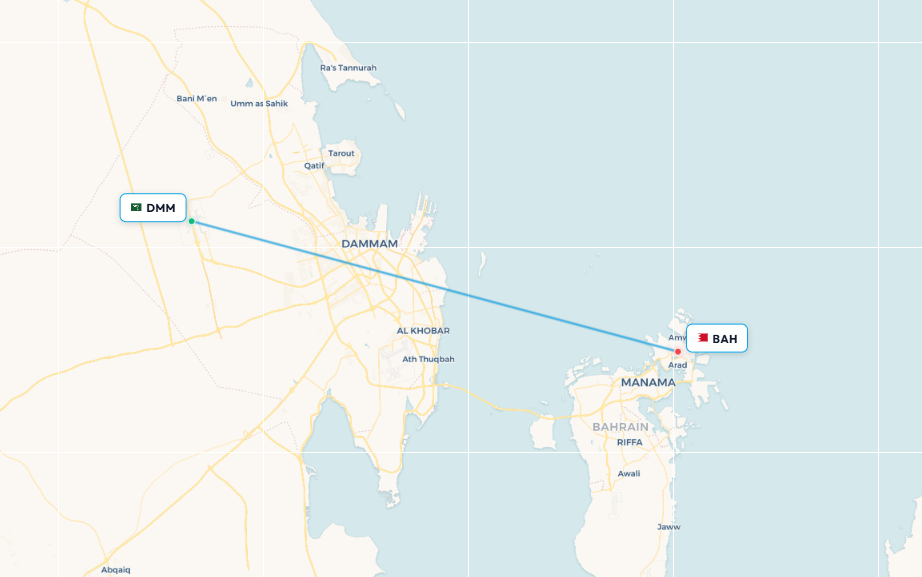 Mapa de ruta de vuelo de Dammam a Baréin