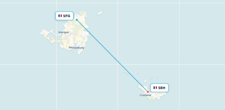 Mapa de ruta de vuelo de St Martin a San Bartolomé