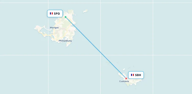 St Martin to St Barthélemy flight route map