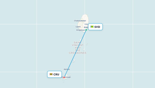 Mapa de ruta de vuelo de San Vicente a Carriacou
