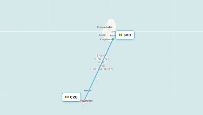 St Vincent to Carriacou flight route map