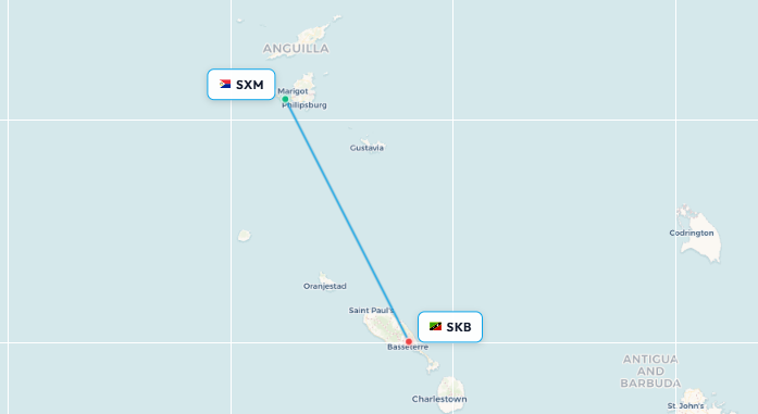 Mapa de ruta de vuelo de St Maarten a St Kitts