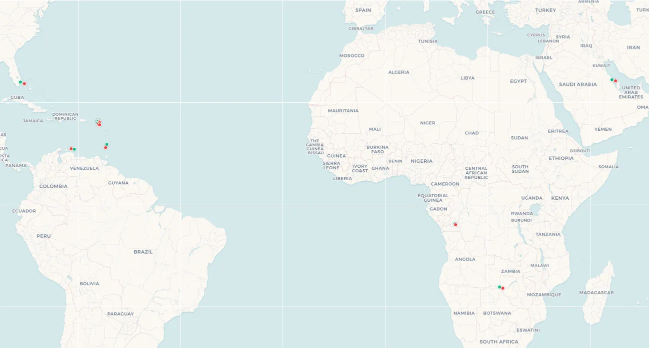 World map showing all 10 shortest international commercial flight routes