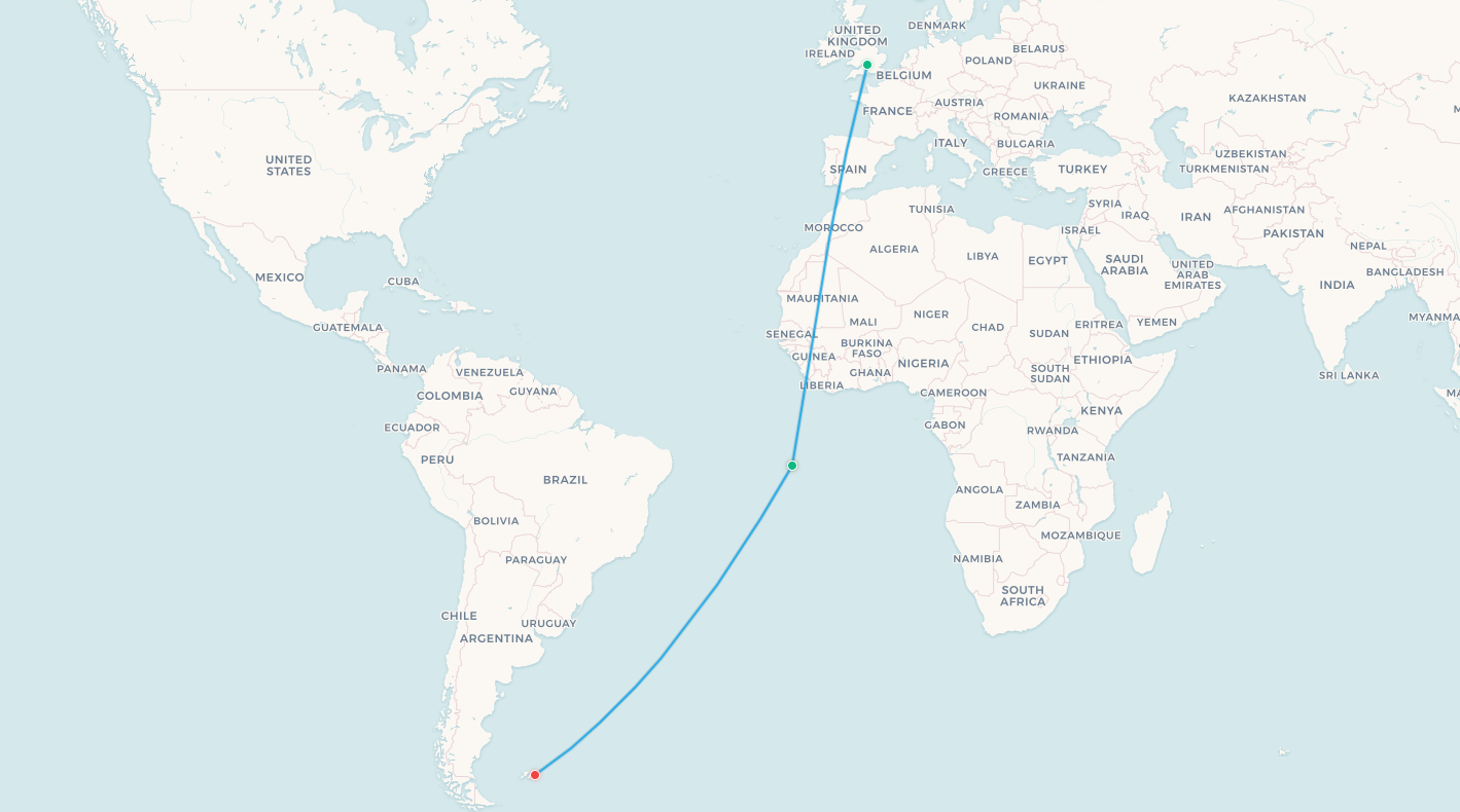 Brize Norton to Falkland Islands via Ascension Island route map