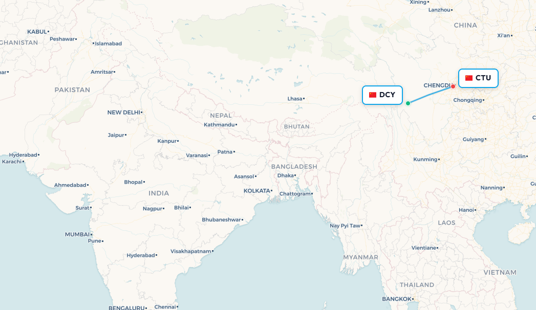Daocheng Yading to Chengdu flight route map